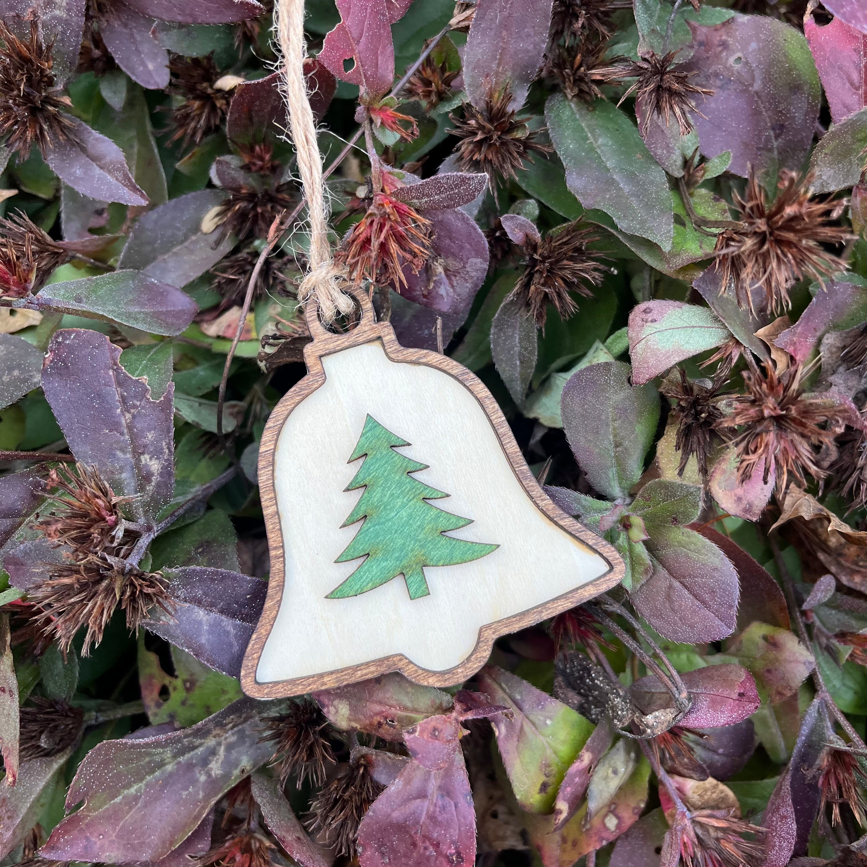 3-Layer Wooden Christmas Bell Ornament – Pine Tree Silhouette