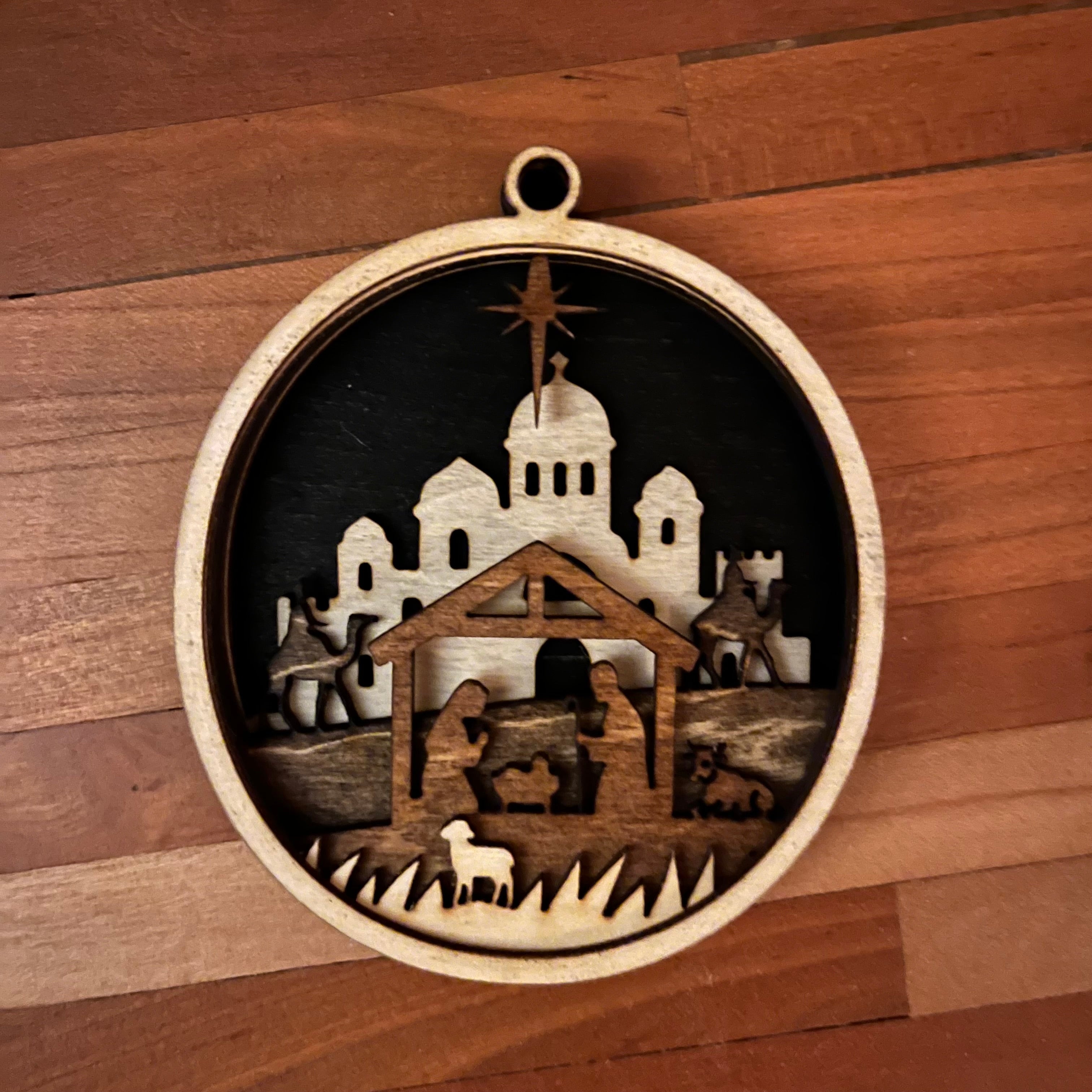 Layered Wood Nativity Ornament – 3D Heirloom Christmas Scene