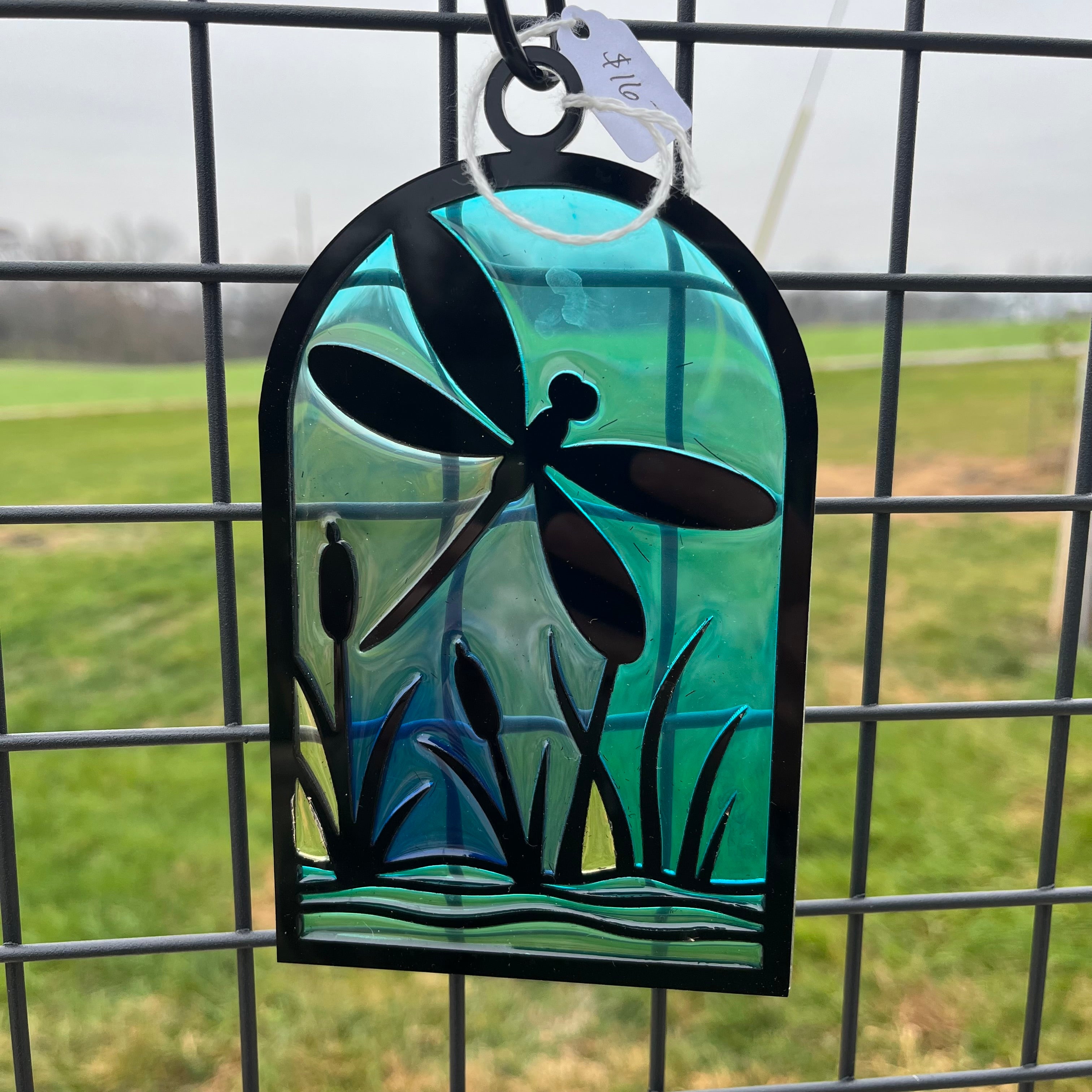 Blue & Black Dragonfly Faux Stained Glass Suncatcher – 6" Tall