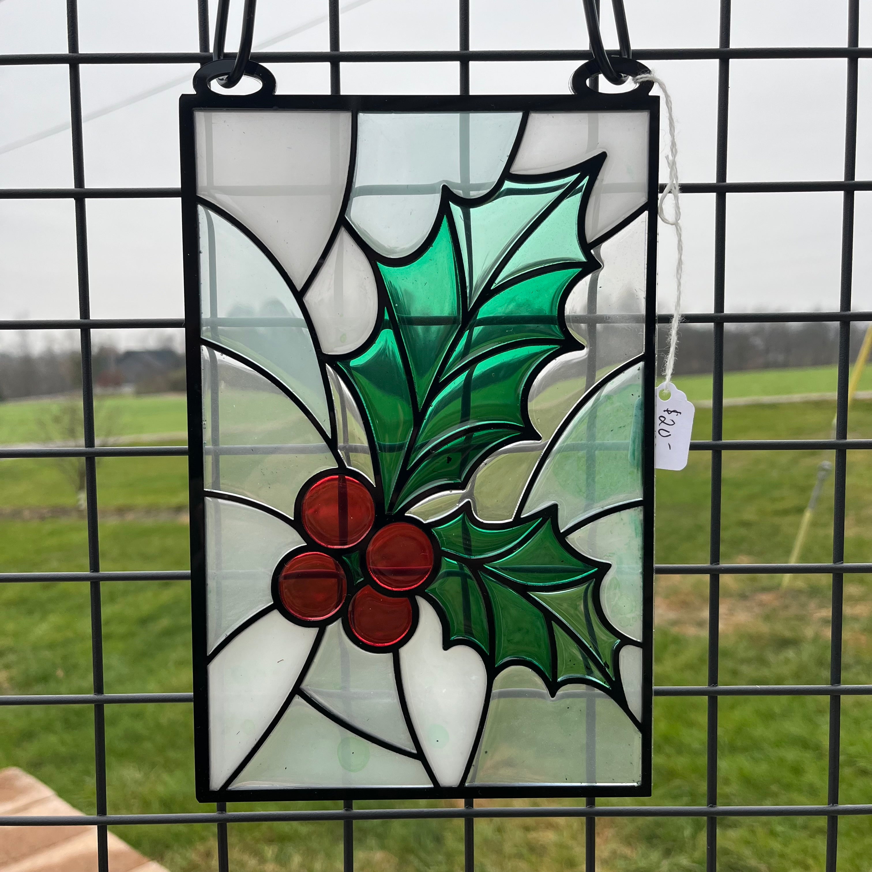 Holly Berries Faux Stained Glass Suncatcher – 6" × 9"