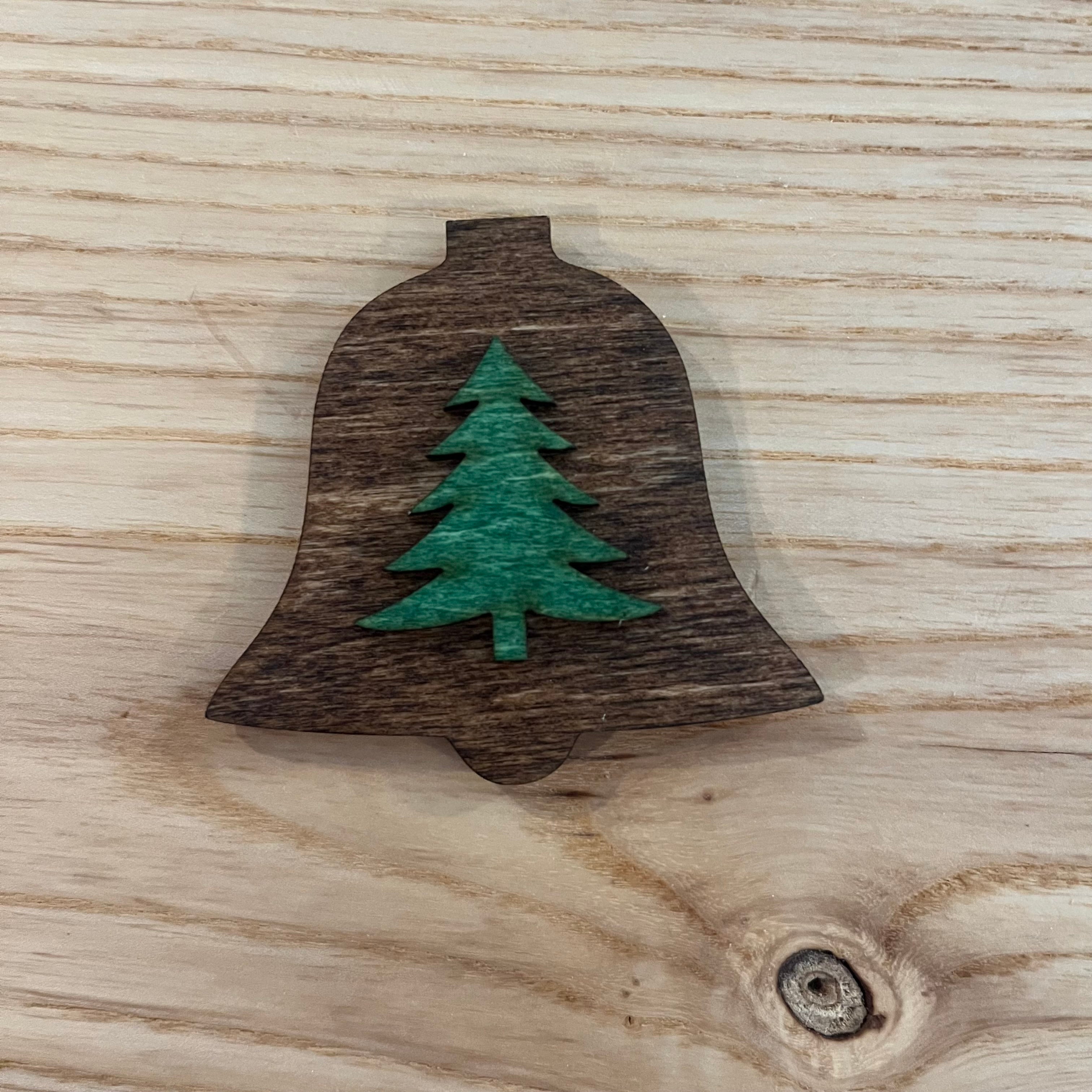 Bell-Shaped Wooden Christmas Bell Ornament – Green Pine on Rich Mahogany with Magnet Back
