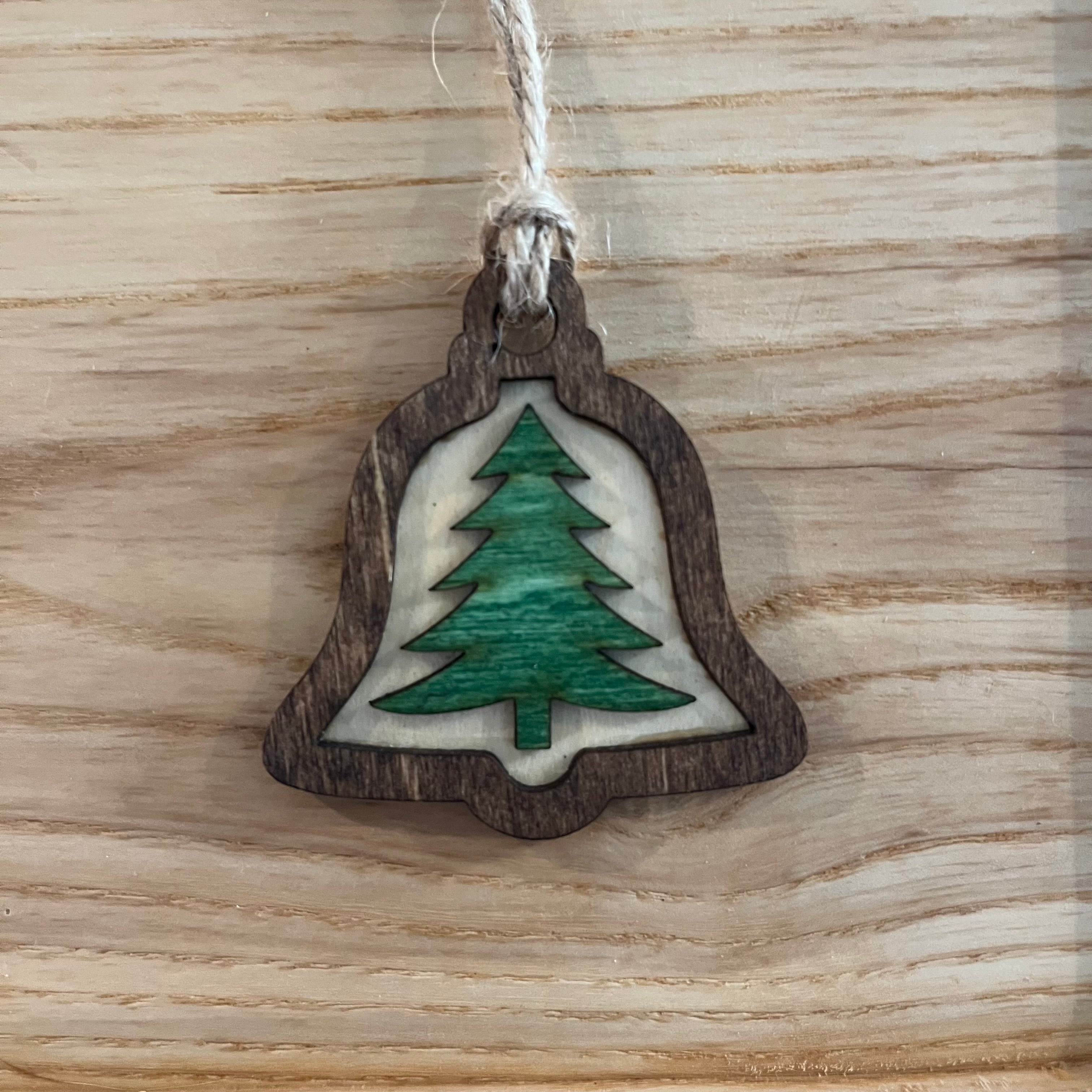 3-Layer Wooden Christmas Bell Ornament – Walnut, Green, & Natural Birch