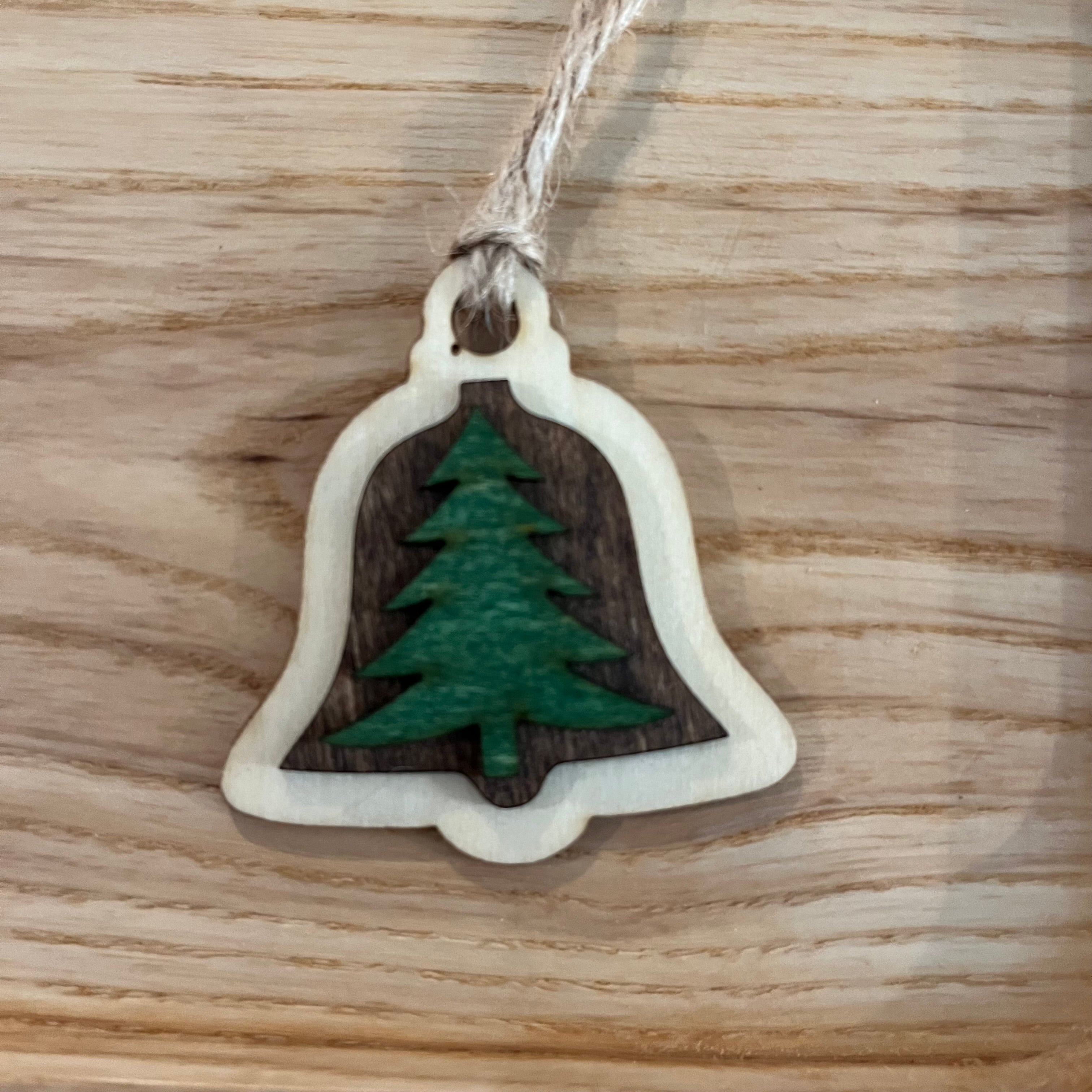 3-Layer Wooden Christmas Bell Ornament – Green Pine Tree Centerpiece