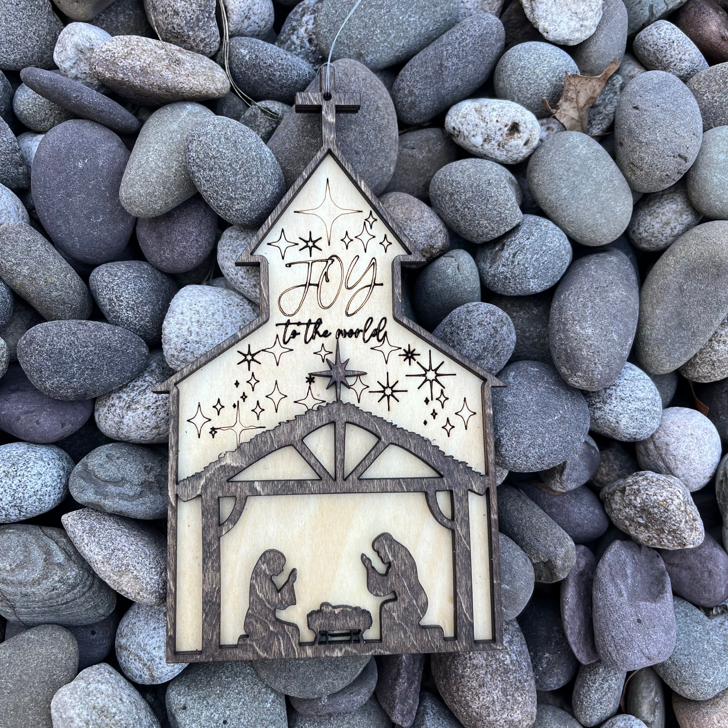 2-Layer Wooden Nativity Church Ornament – “Joy to the World”