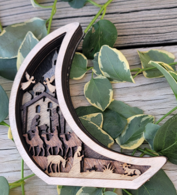 Crescent Moon Nativity Scene - Crafted Baltic Birch Plywood Christmas Décor with Vibrant Stained Figures